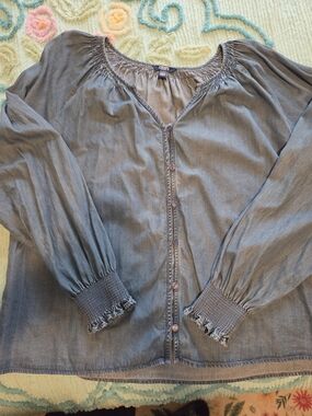 Chaps Blue Denim Button-Front Peasant Blouse